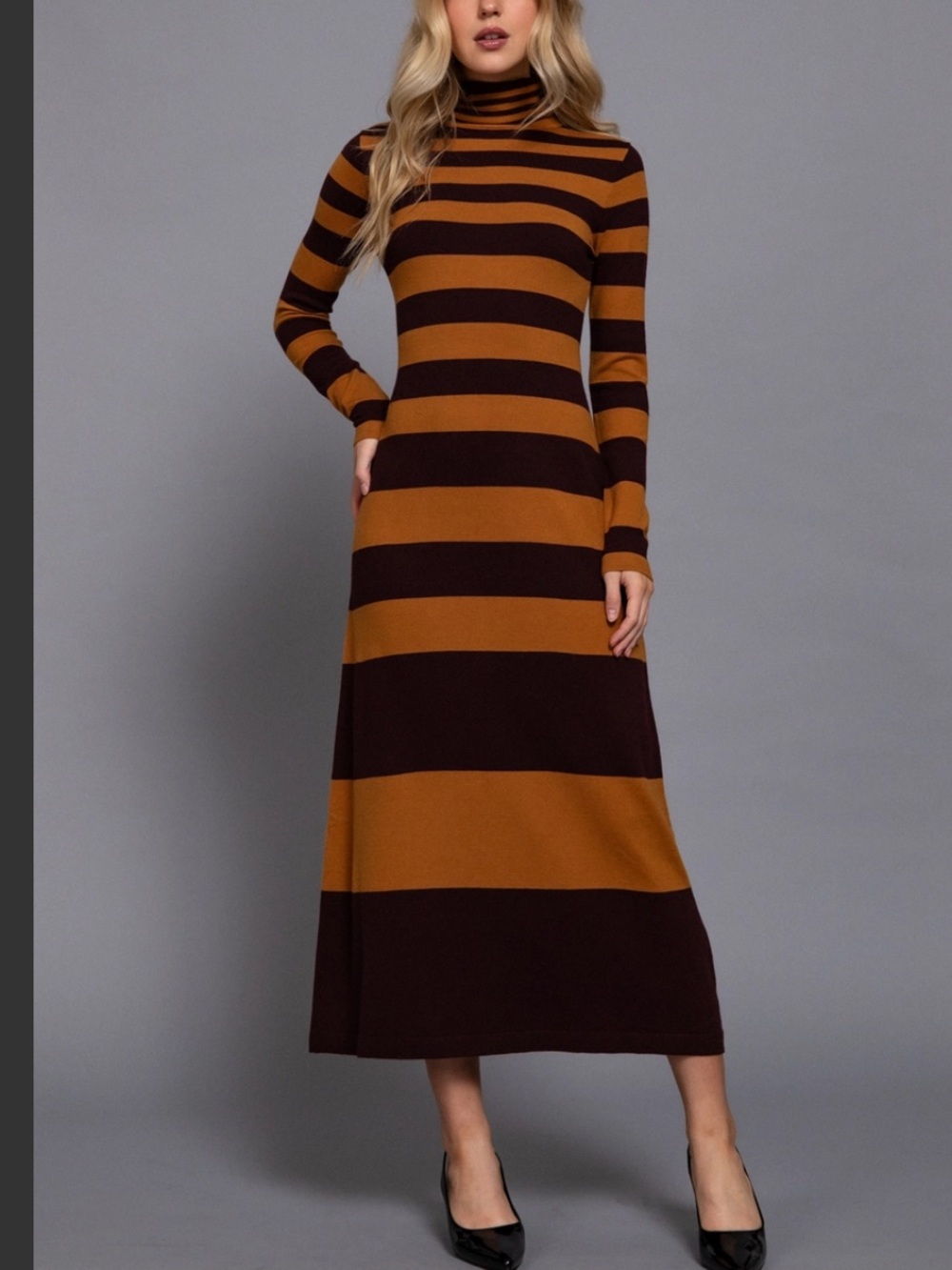 Active USA Striped Turtleneck Maxi Dress in Brown & Orange